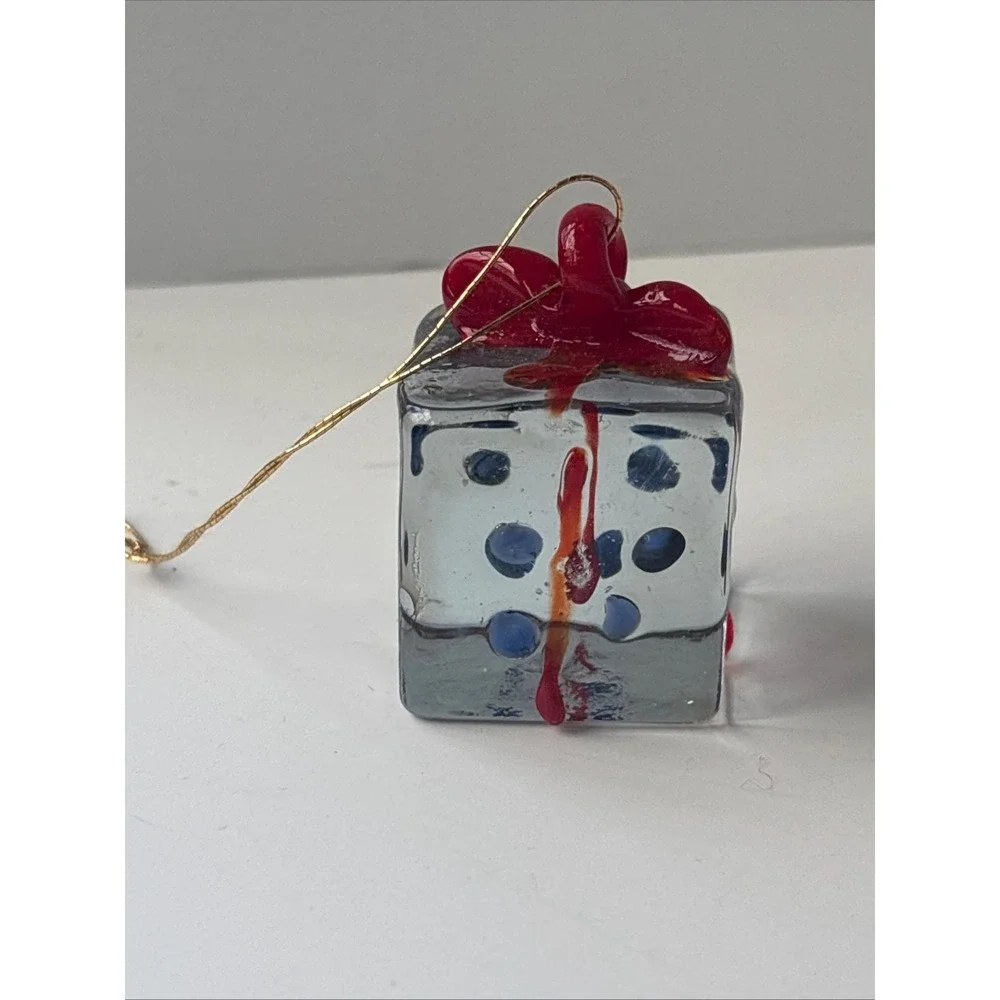 Artisan Lampwork Glass Present Ornament Solid Hand Blown Gift Box Blue Polka Dot